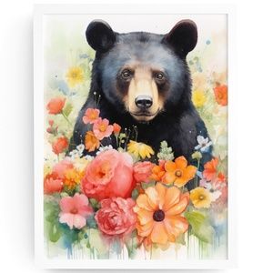 Watercolor Floral Black Bear Portrait Wall Art Illustration Print Unframed